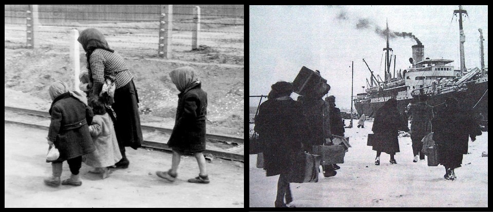 A sinistra la foto di una donna anziana e alcuni bambini ad Auschwitz. A destra una foto del piroscafo Toscana che imbarca profughi a Pola.